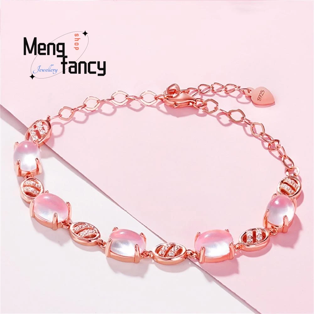 

Pink Crystal Lucky Bracelet 925 Silver Natural Stone Charms Fashion Fine Jewelry Luxury Elegant Women Souvenir Holiday Gifts