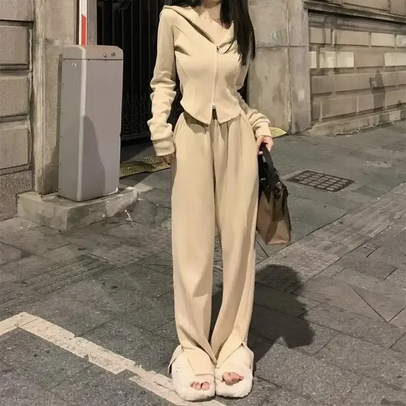 Korean Two Piece Sets Women Solid Casual Slim Fit Hooded V Neck Zipper Full Sleeve Tops Coats Wide Leg Long Pants Set 2023