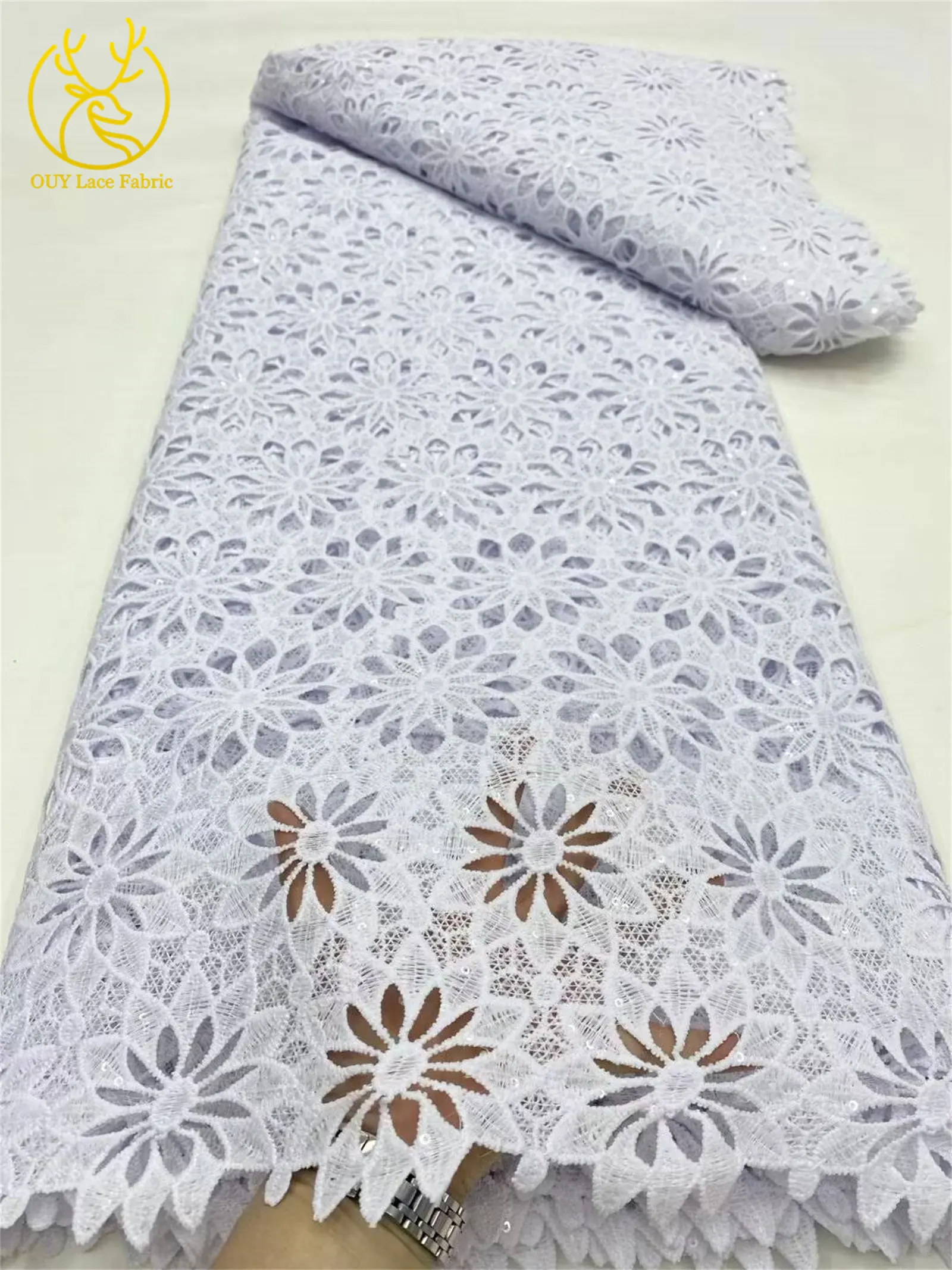 White African Guipure Sequin Lace Rope Weave Fabric 2025 Hot Sale Nigeria Water Soluble Lace Fabric for Women's Evening Gowns