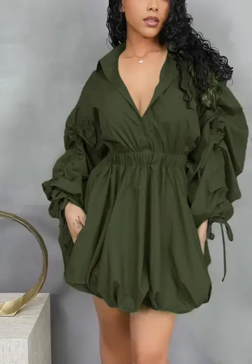 فستان جديد غير رسمي بأكمام برباط لعام 2025 وخصر منتفخ وياقة قميص وأكمام طويلة، مثالي للمناسبات غير الرسمية