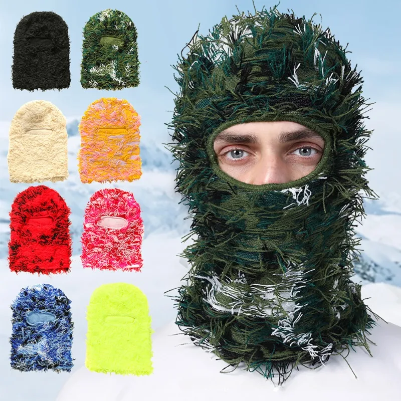 Hip Hop Balaclava New Distressed Knitted Caps Full Face Ski Mask Men Women Outdoor Camouflage Fuzzy Ski Balaclava Beanies Hat