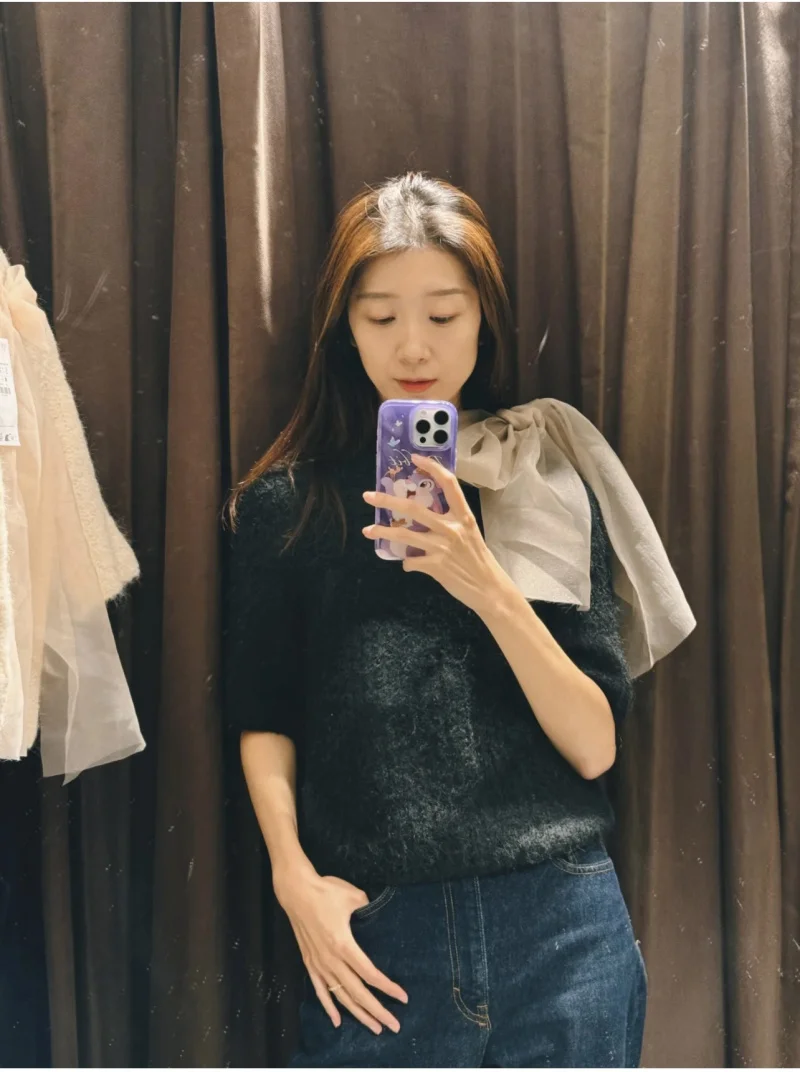 ETJ 2024 automne/hiver nouveau haut tricoté à manches courtes pour femmes, élégant, mode, nœud en organza décoré 2756127