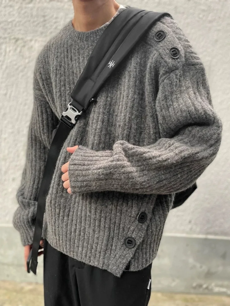 

American Sle Vintage Decosition Hollow out ey Sweater Jaet Lazy Knitted irt Men's Casual Winter round Ne Long Sl...