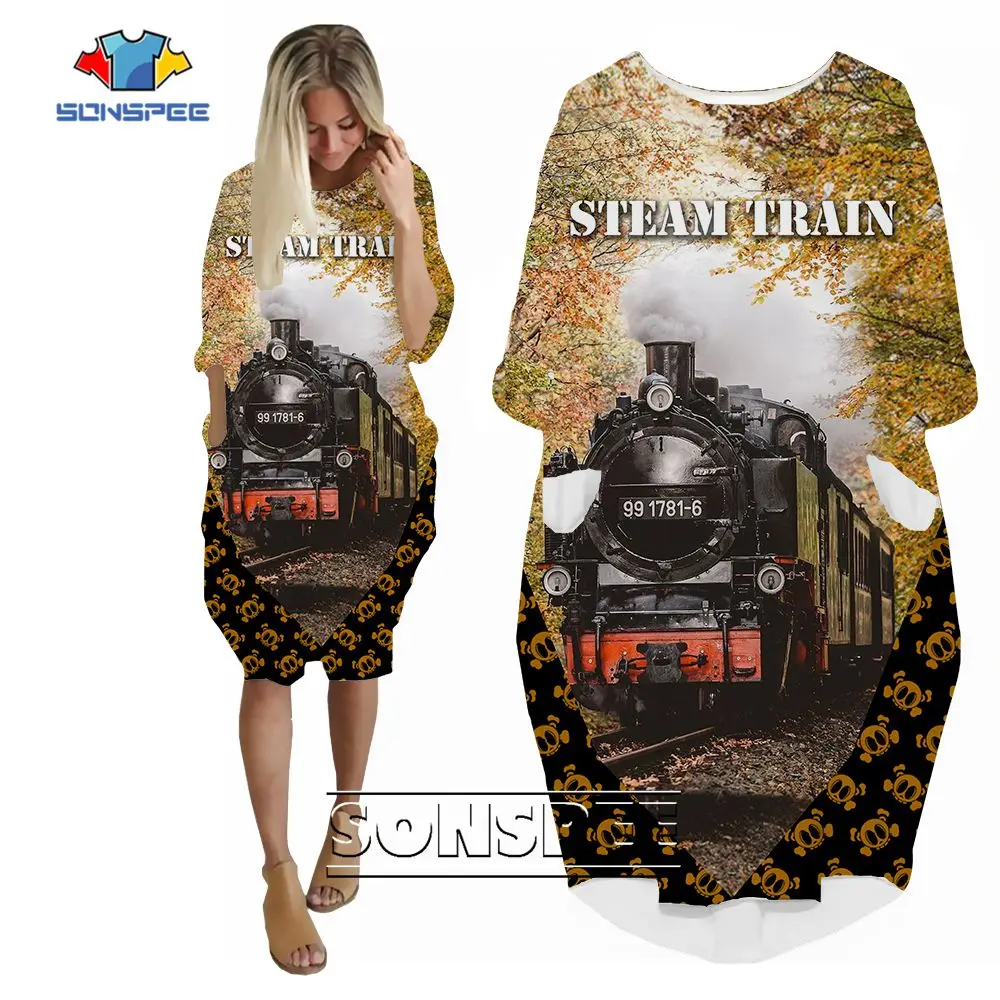 

SONSPEE Steam Train Pattern 3D Print Dress Casual Youth Pockets Skirt Female Vintage Loose Railway Sports Hip Hop Robe Dresses