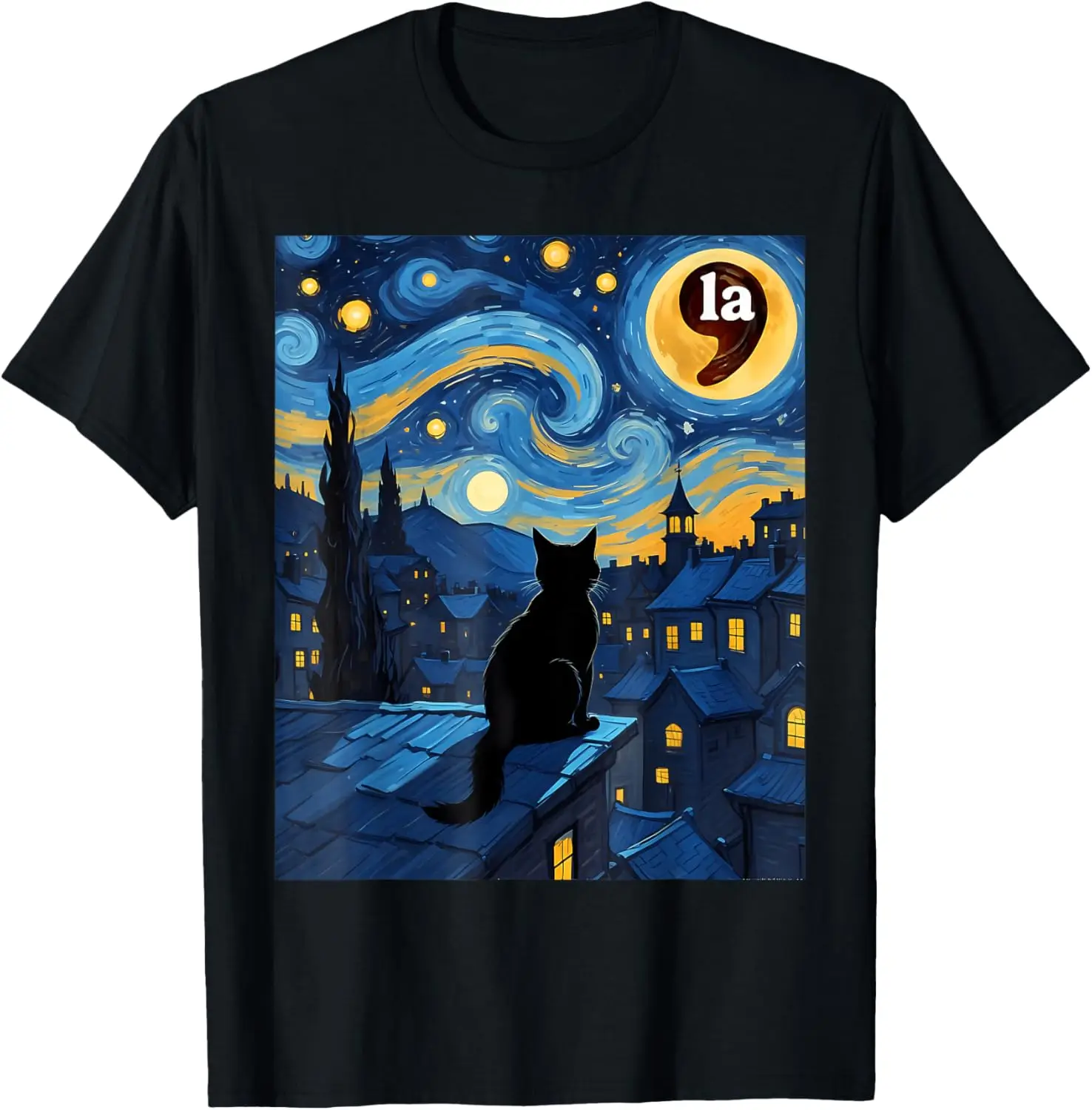 Halloween Starry Night Black Cat Comma La Kamala Harris T-Shirt