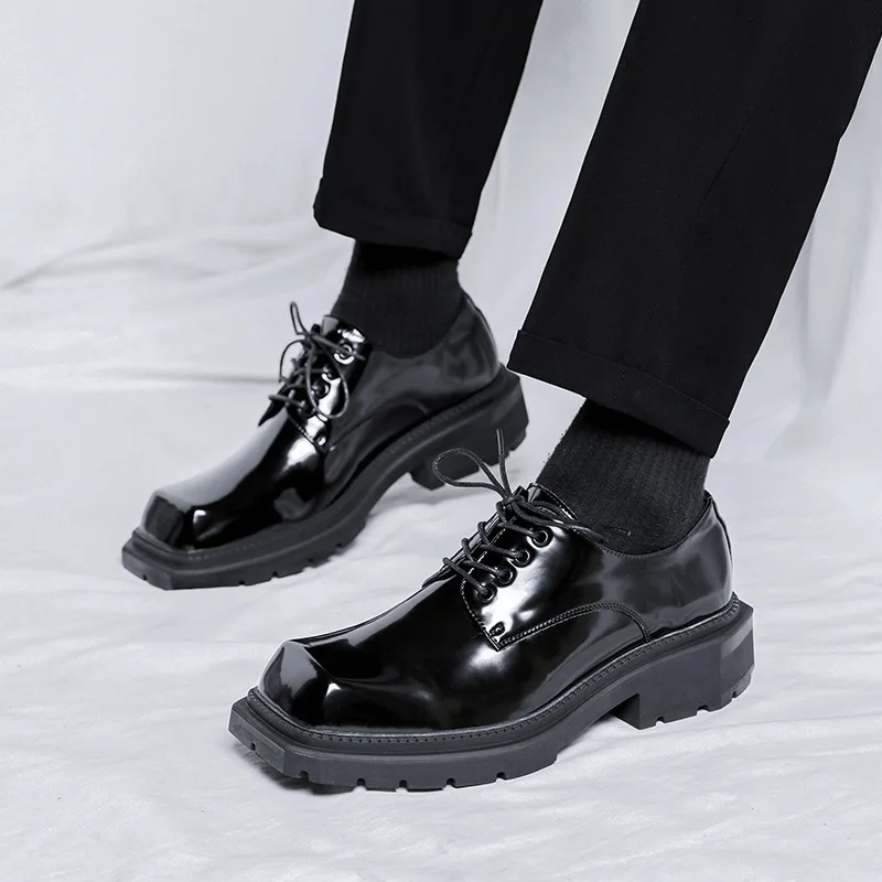 

Men's Leather Shoes Platform Height Increase Square Toe Loafers Fashion Cross Tied Comfortable Casual Shoes
