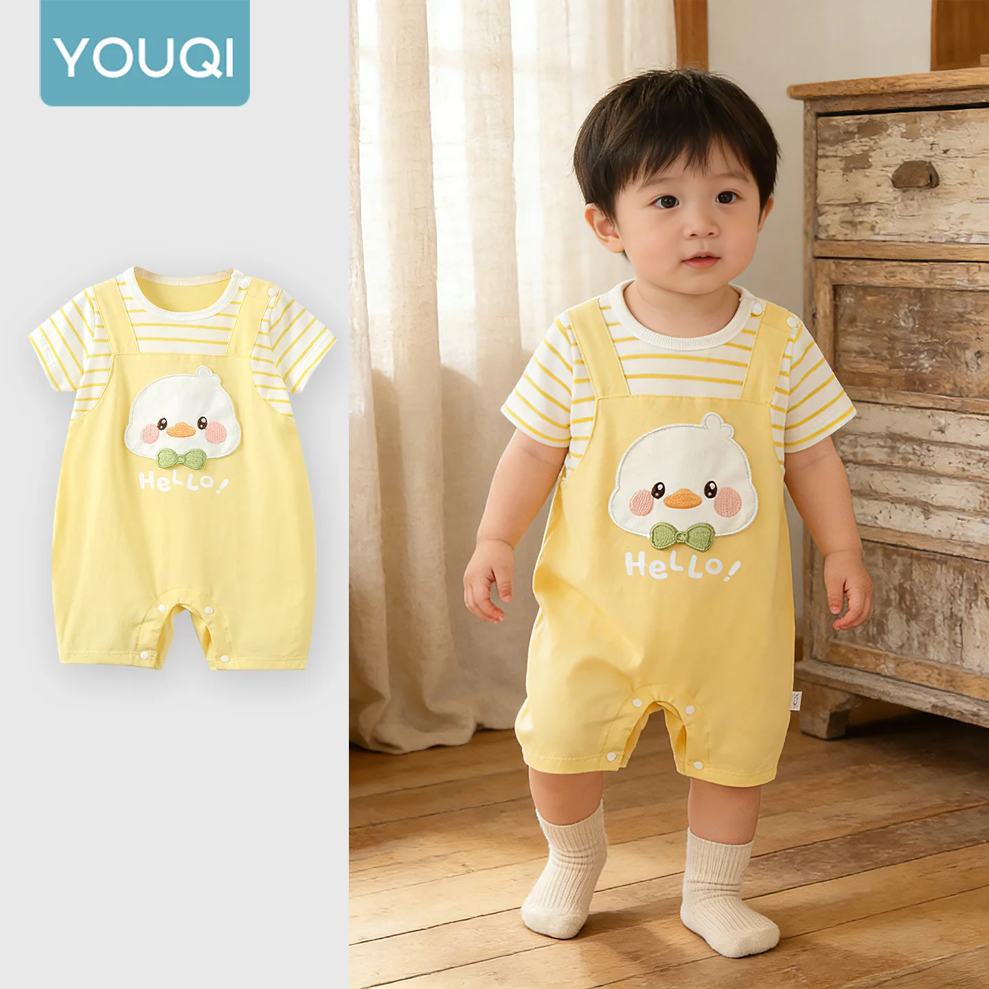 

【Youqi】Китайская детская одежда для детей от 0 до 2 лет, летний тонкий дышащий комбинезон с короткими рукавами, стильный летний комбинезон для младенцев и малышей