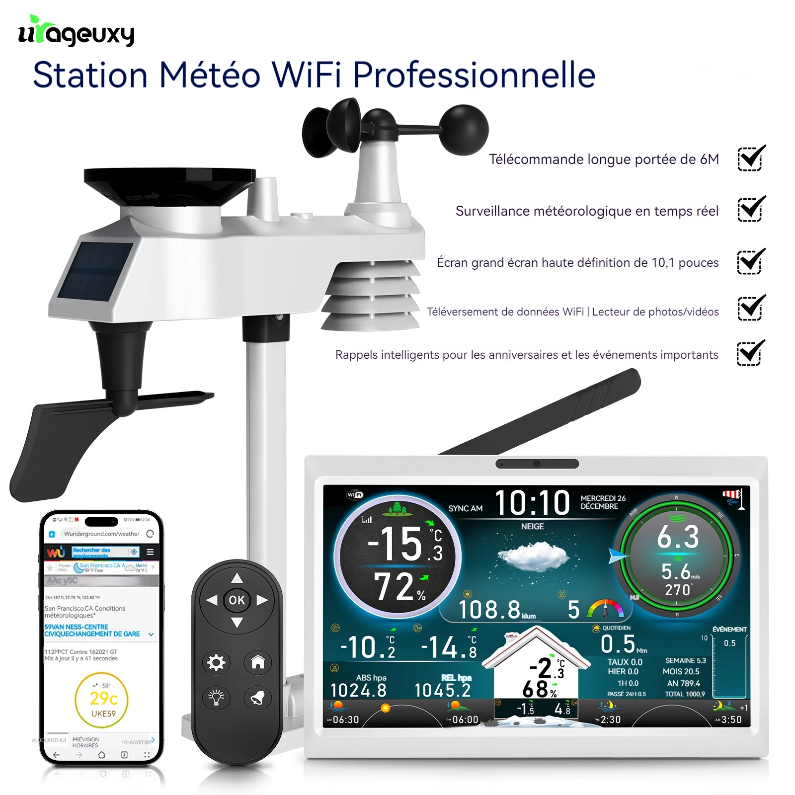 Station météo WiFi avec écran HD TFT de 10.1 pouces, capteur extérieur sans fil avec télécommande solaire, alarme de cadre Photo numérique