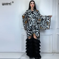 WINYI Kimono Women Printed Lace hemline cardigan Long Sleeve Cardigan abaya dubai luxury beachwear Cover Up boho dress kaftan