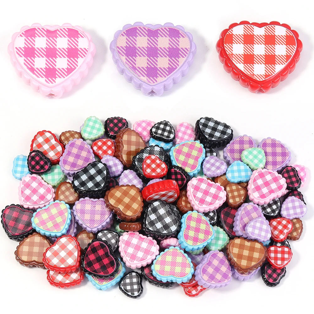 6 stücke Liebe Herz Form Acryl Perlen Bunte Schach Grid Herz Perlen Lose Spacer Perlen Für DIY Schmuck Machen Armbänder halskette