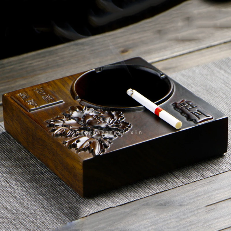 

Square Ebony Ashtray Chinese Household Desk Accessories Home Wood Tobacco Cigarette Holder Gadgets Smoke Ash Tray With Lid Gifts