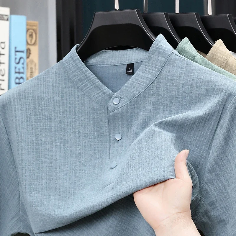 Summer Stand Collar Half Button Mens Shirt Lightweight Textile Blouse Daily Streetwear Home Leisure And Short Travel Outfit view 3