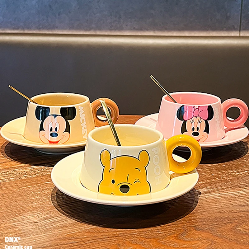 260ml Cute Cartoon Mickey Ceramic Coffee Cup Plate Set Cartoon Minnie Mug Couple Home Office Breakfast Milk Cup Gift