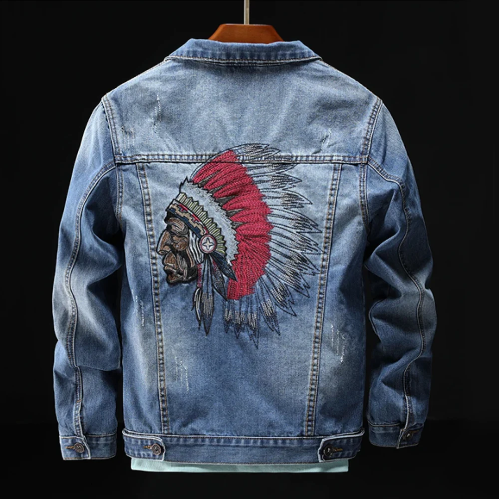 Indian Chief Embroidery Denim Jackets Men, Retro Blue Streetwear, Ripped Slim Coat, Casual Motorcycle Outwear, Spring and Autumn