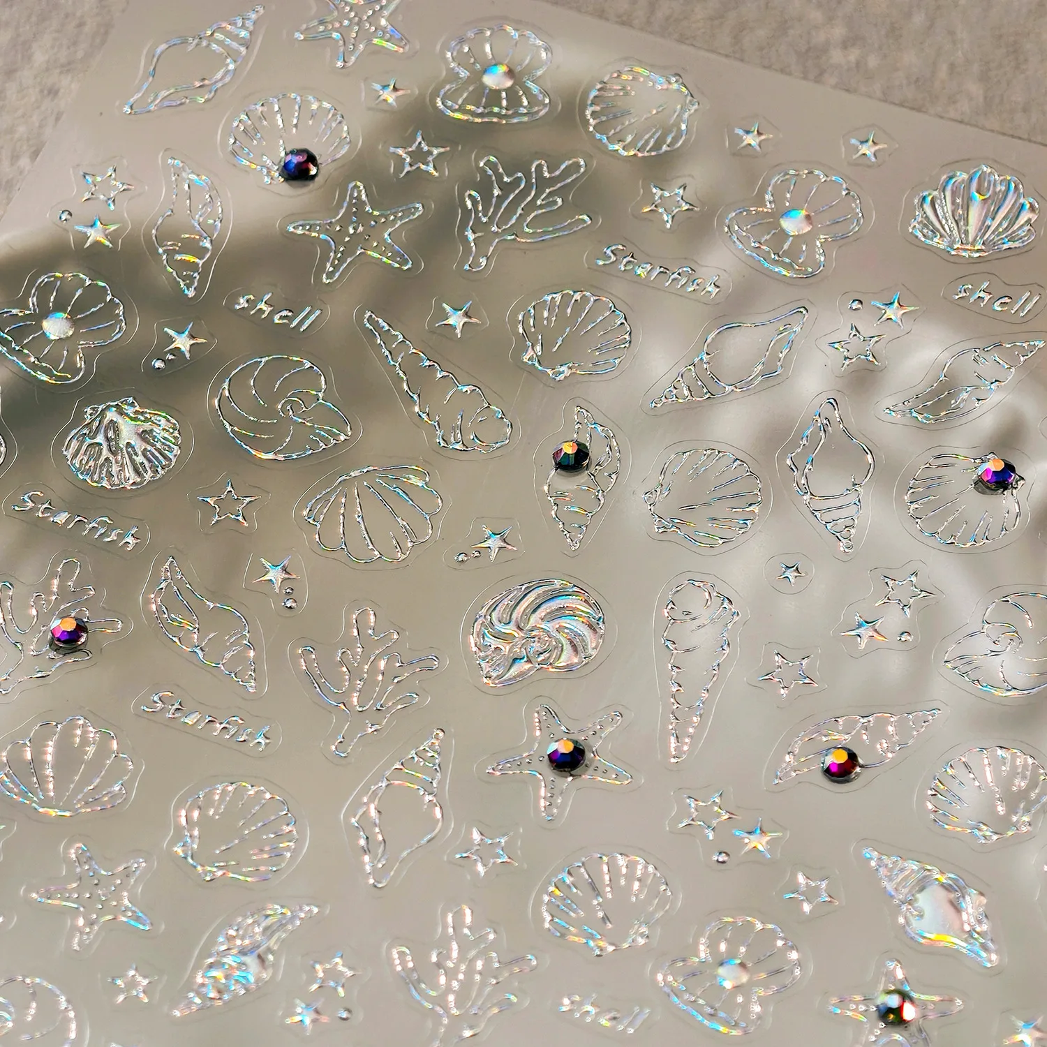 

Laser Silver Shell Conch Starfish Coral Pearl Ocean 3D Nail Art Stickers Jellyfish Summer Sea Polarized Illusion Manicure Decals