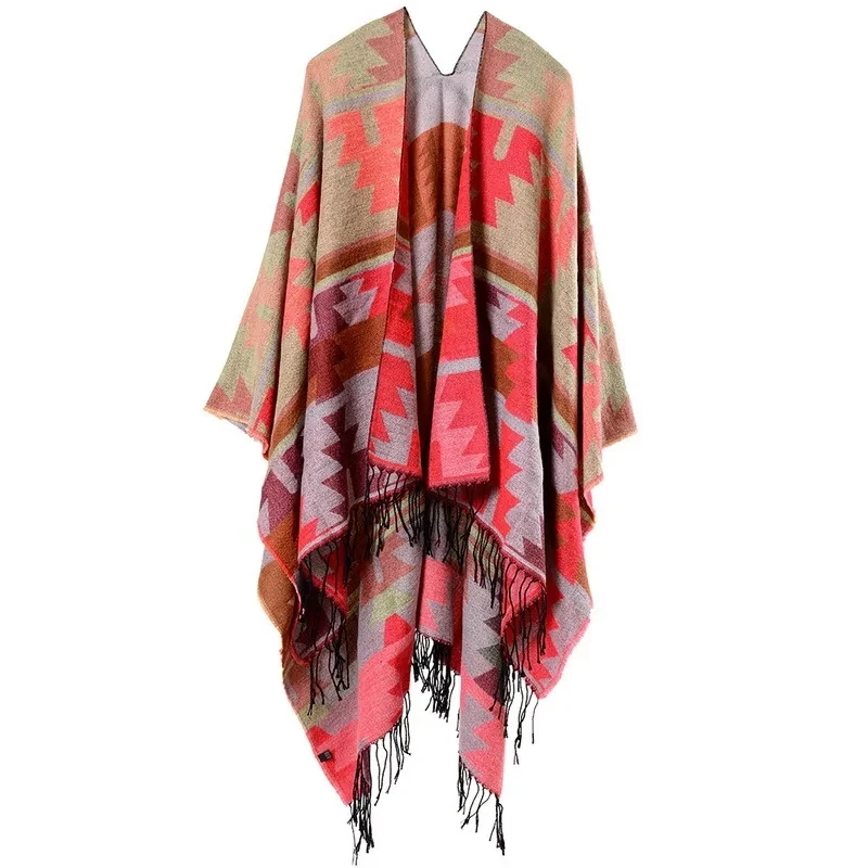 Autumn Winter Indian Geometric Diamond Lengthened Thickened Cashmere Imitation National Style Travel Fork Cape Ponchos Capes