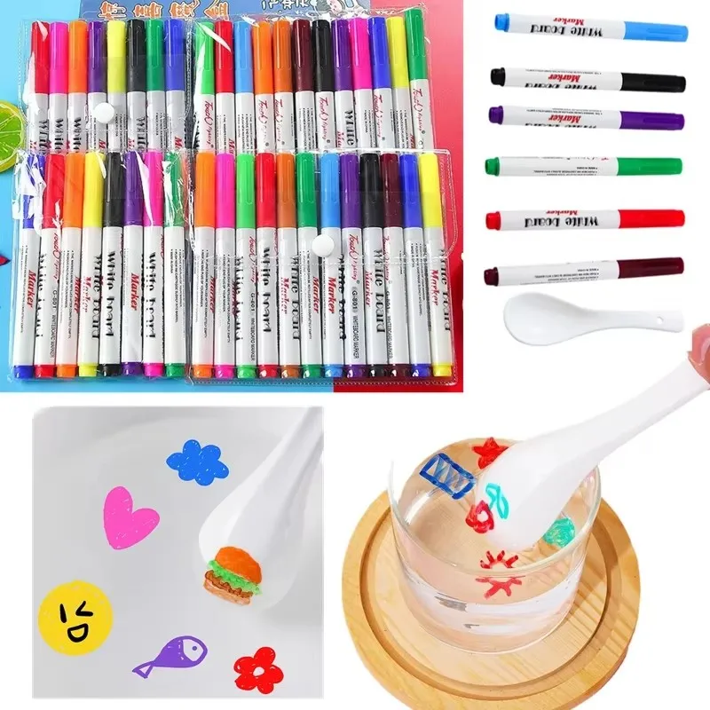 8/12/24/60pcs  Magical Water Painting Pen With Ceramic Spoon, Magical Floating Ink Pens Dry Erase  Art  art supplies