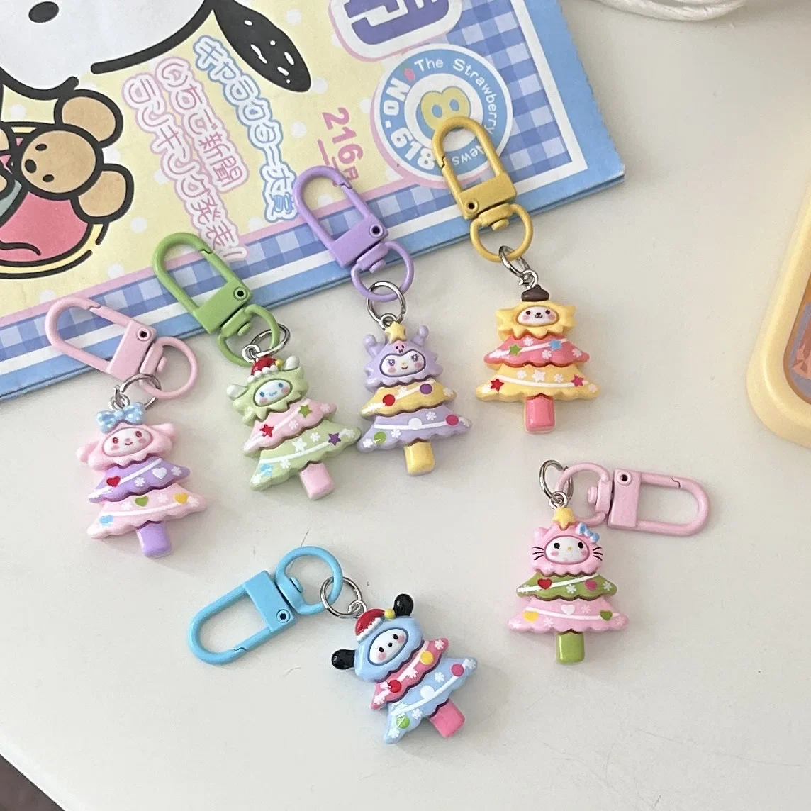 Cartoon Sanrio Christmas Tree Keychain Kawaii Cinnamoroll Kuromi Kiddie Fun Backpack Pendant Girls Kids Xmas Accessories Gift