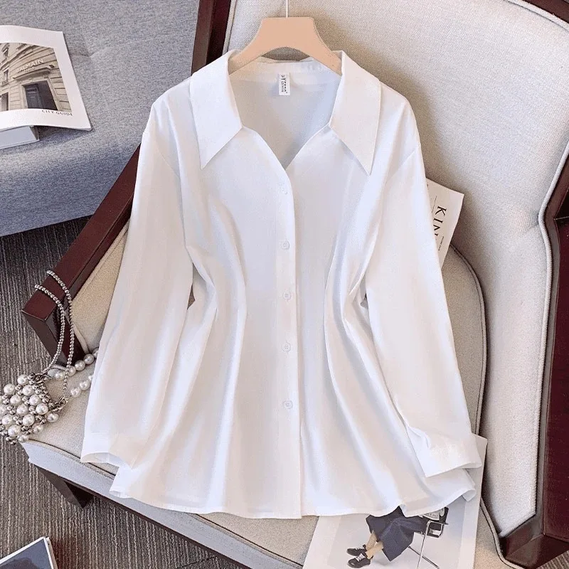 

Women's Long-Sleeve Shirt Oversized Pleated Button-Up Blouse