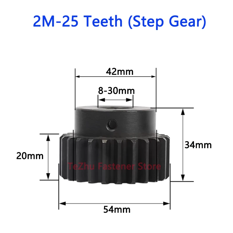 1pcs 2 Module 25 Teeth Steel Spur Gear Motor Gear with Step Cylindrical Flat Gear Optional Bore 8-30mm 2M 25T Pressure Angle 20