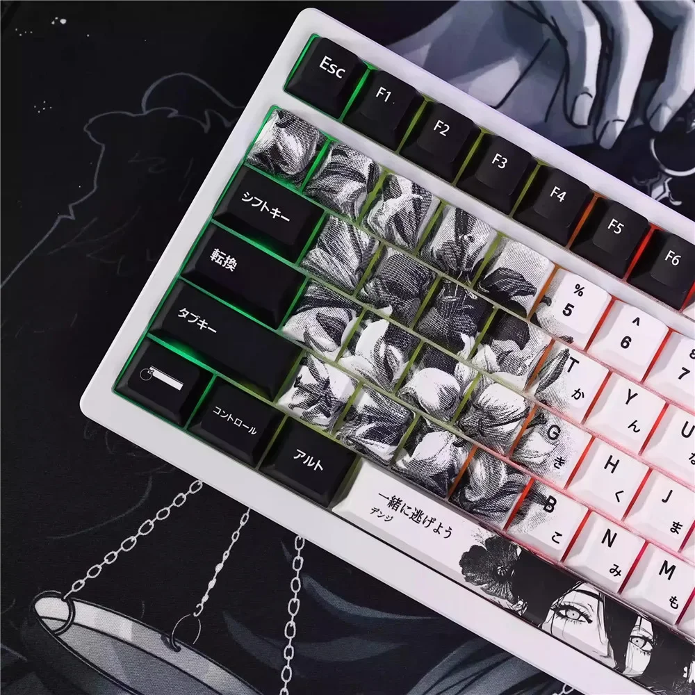 White Black Anime Theme Keycaps Set Customized PBT Sublimation Cherry Profile Keyboard Caps for Mechanical Keyboard Gifts