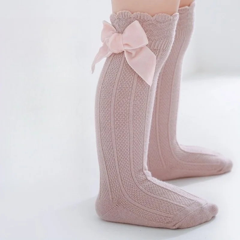 봄 가을 아기 소녀용 하이웨이스트 레이스 리본 프린세스 양말 단색 면 롱존스 미끄럼 방지 인체공학적 디자인