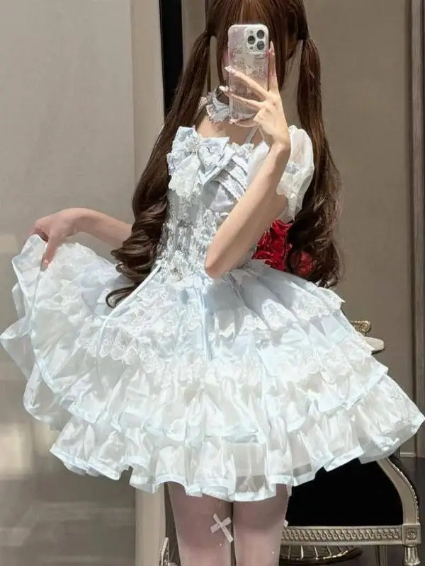 Lolita Style Summer Dress Sweet Fairy Short Sleeve Dress Sweet Girls Temperament Lace Cake Ballet Party Dresses for Women