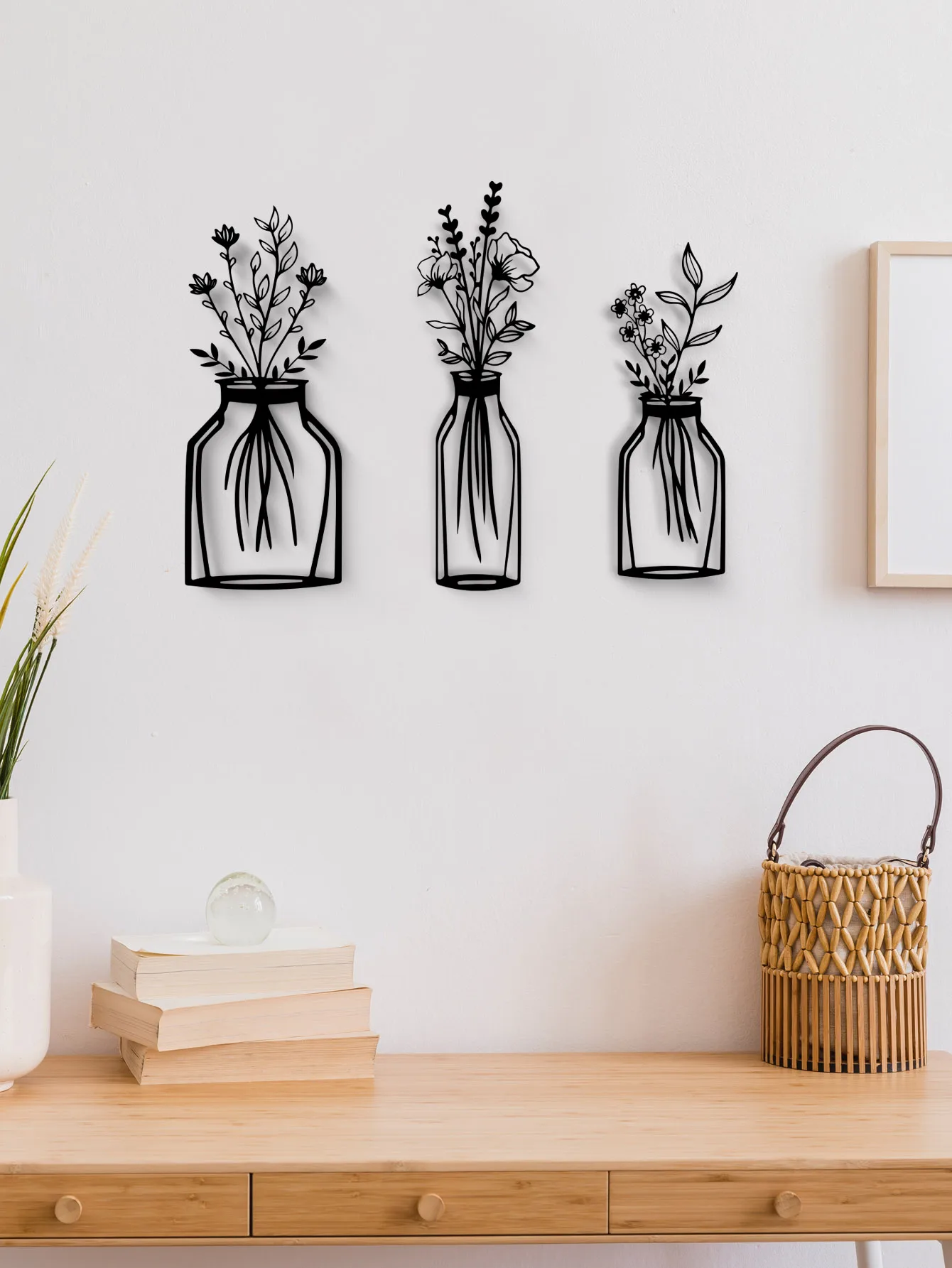 3 قطع من الزهور المعدنية السوداء لتزيين الحائط، فن معلق على الحائط على شكل زهور بسيطة، خط تجريدي أسود لمنحوتات فنية جدارية لغرفة النوم