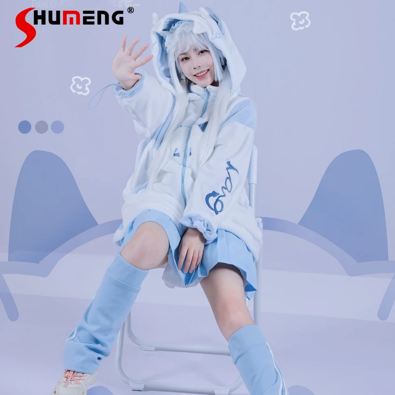 

Japanese Rojita Style Sweatshirt Water Color Cute Plush Loose Fleece-Lined Long-Sleeve Coat Women's Top Streetwear Hoodie Female