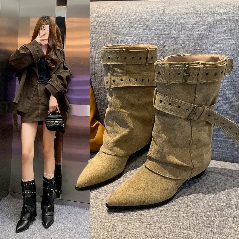 

2025 Женские зимние ботинки с острым носком. Дизайнерские элегантные туфли на среднем каблуке. Туфли-лодочки. Модные ботинки. Новое трендовое платье. Готические женские сапоги.