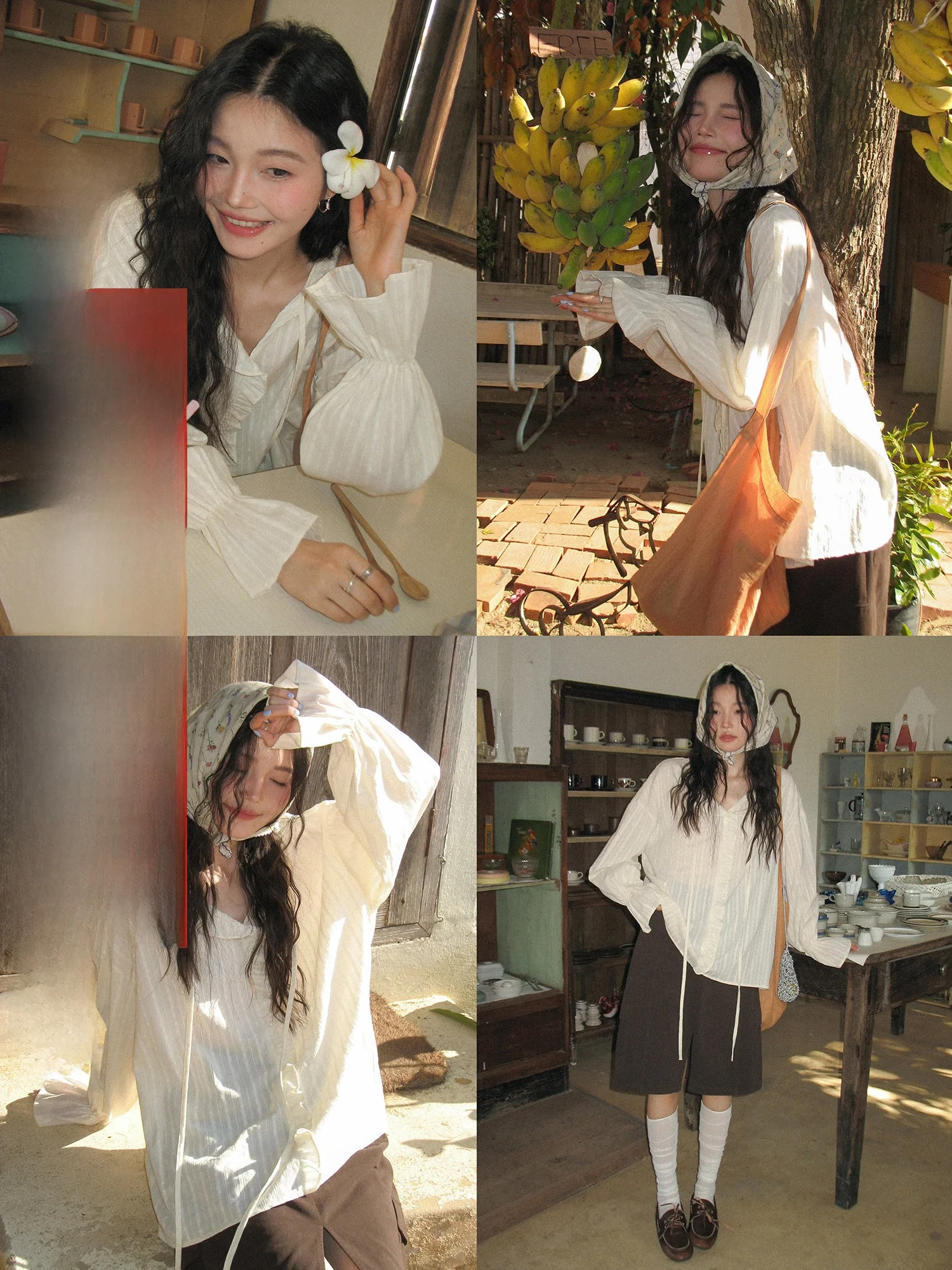 

Spring 2026 New Sle Women's Long Sve Striped irt with Wood ain Ruffle Design in Apricot Casual Loose Fit irt