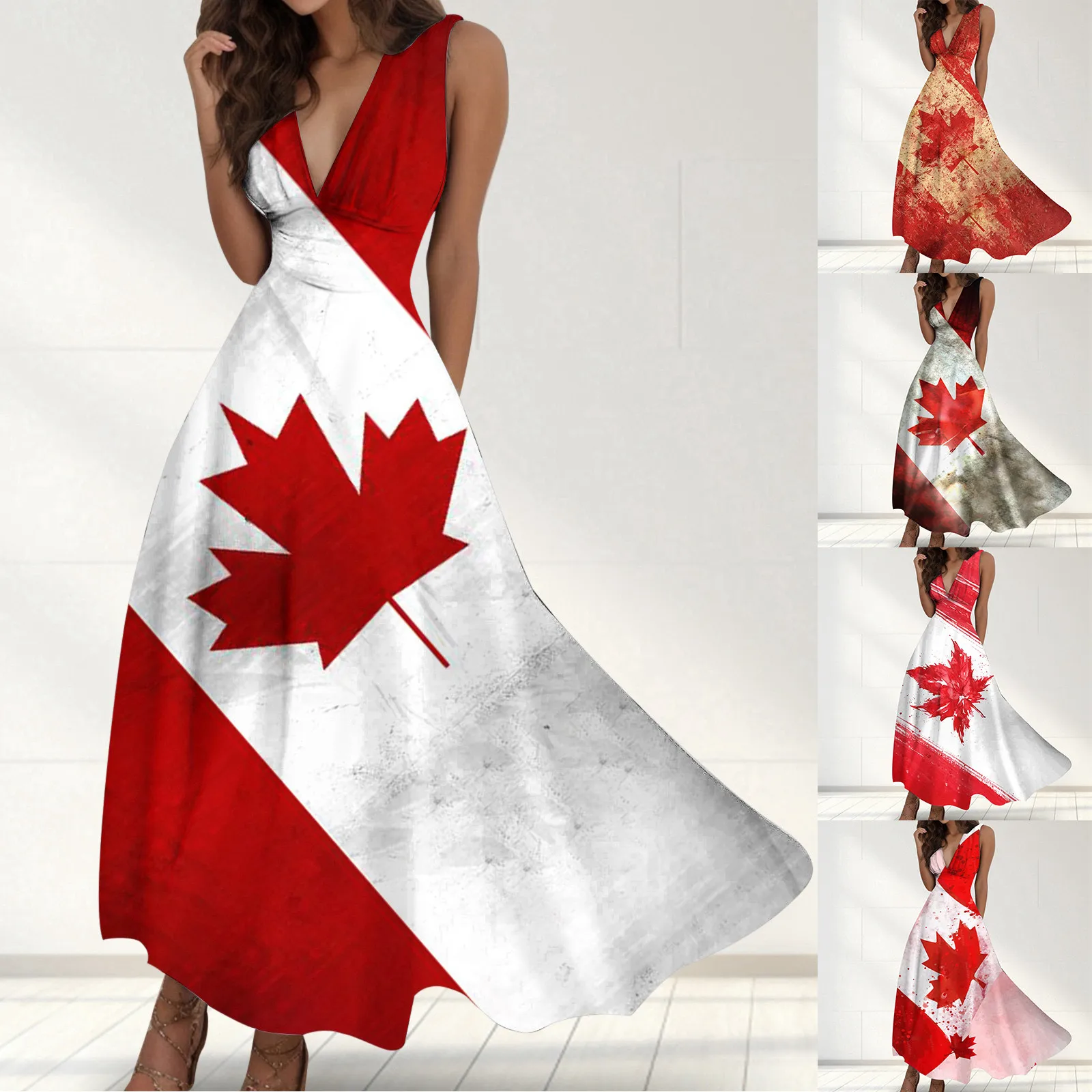 

Women's Summer Causal Dress Canada Independence Day Print Dresses V Neck A Line Sleeveless Ankle Length Sundress For Women