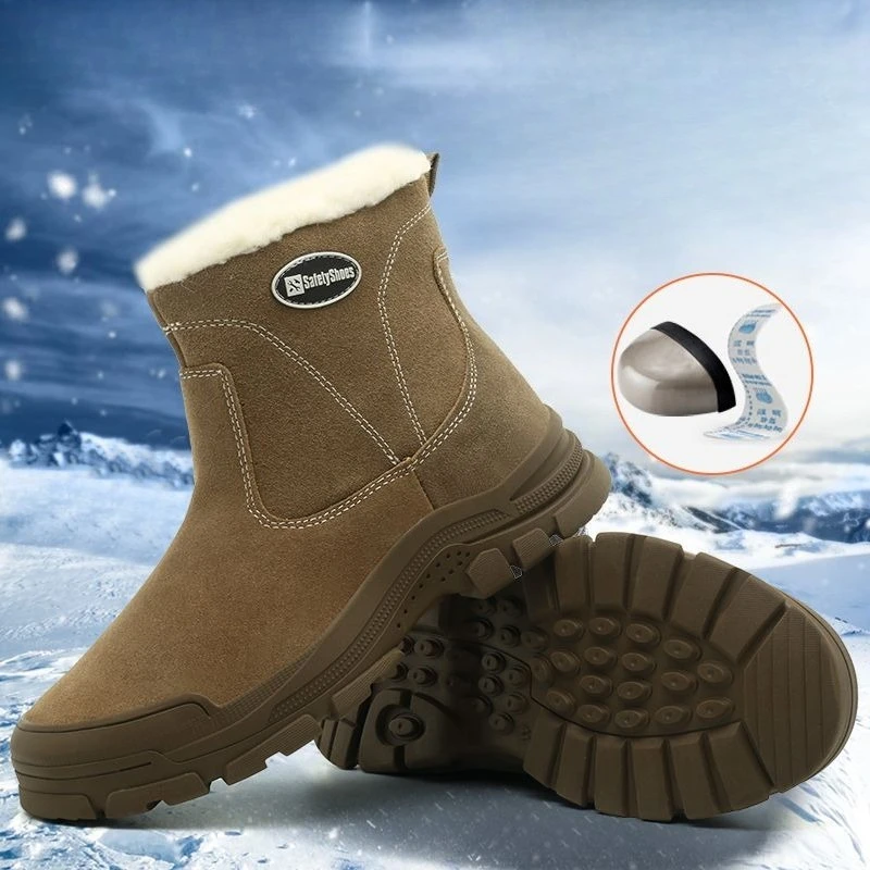 Men Winter Safety Boots Steel Toe Genuine Leather Warm Snow Boots Anti Puncture Work Shoes Thermal Fur Lined