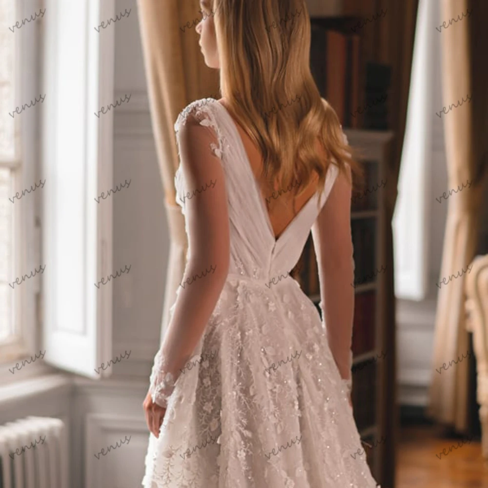 Exquisitos Vestidos De Novia una línea De tul Vestidos De Novia con gradas Apliques De encaje mangas completas cuello en V Vestidos De Novia personalizados 2026