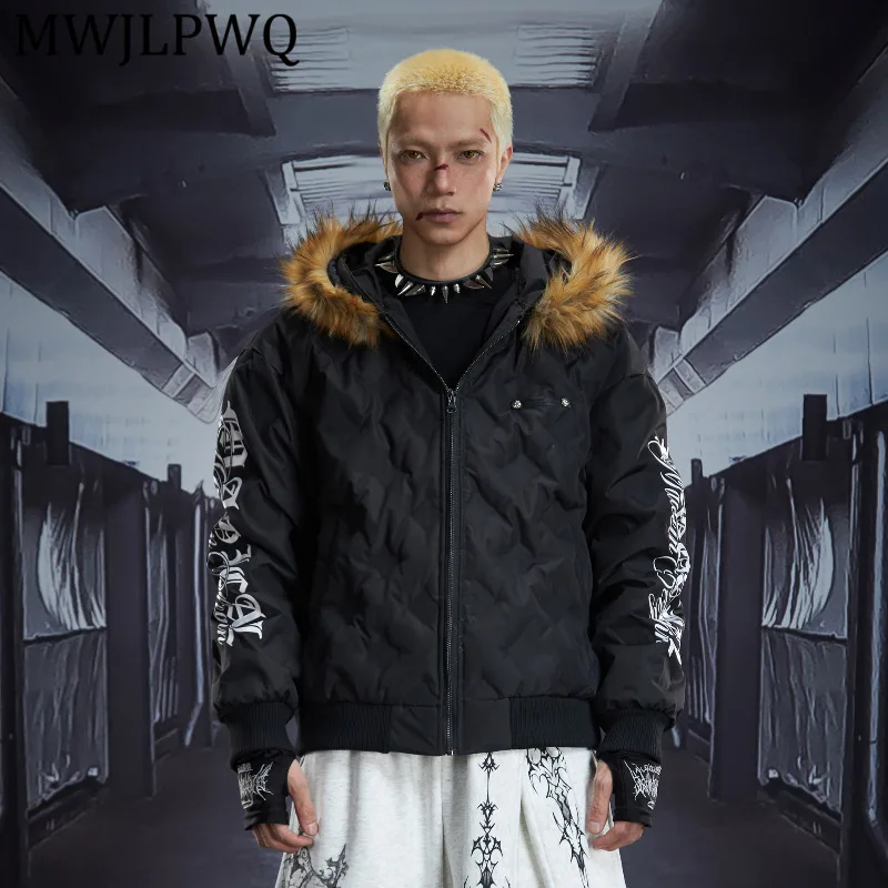 

MWJLPWQ Men's Print Letter Design Street Padded White Duck Down Fur Collar Tide Hooded Warm Short Casual Coat Winter 12998