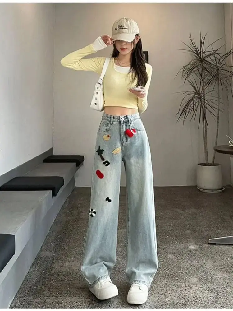 

Korean Style Fashion Women's Embroidered High Waist Wide Leg Jeans 2026 Spring/Autumn New Loose Casual Versatile Straight Pants