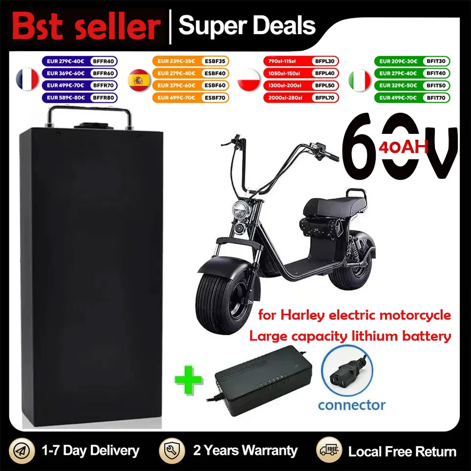 60V 40Ah Elektromotorrad Li-Ion Akku 2000W für Harley zweirädriger faltbarer Citycoco Elektroroller, kostenloses Ladegerät