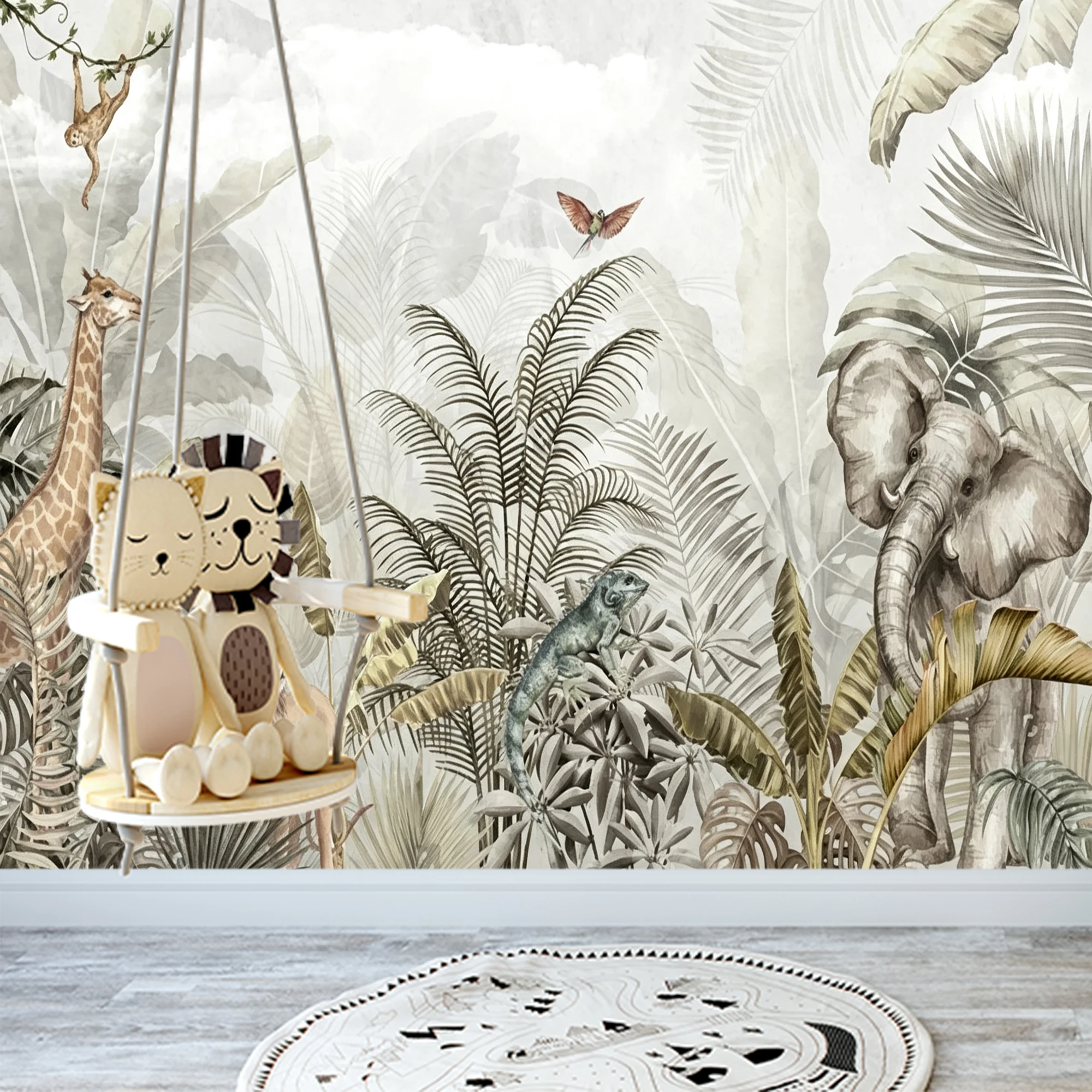 Custom Mural Wallpaper Kids Safari Jungle Peel And Stick Wall Giraffe Lion Elephant Tropical Leaf For Nursery Bedroom Home Decor