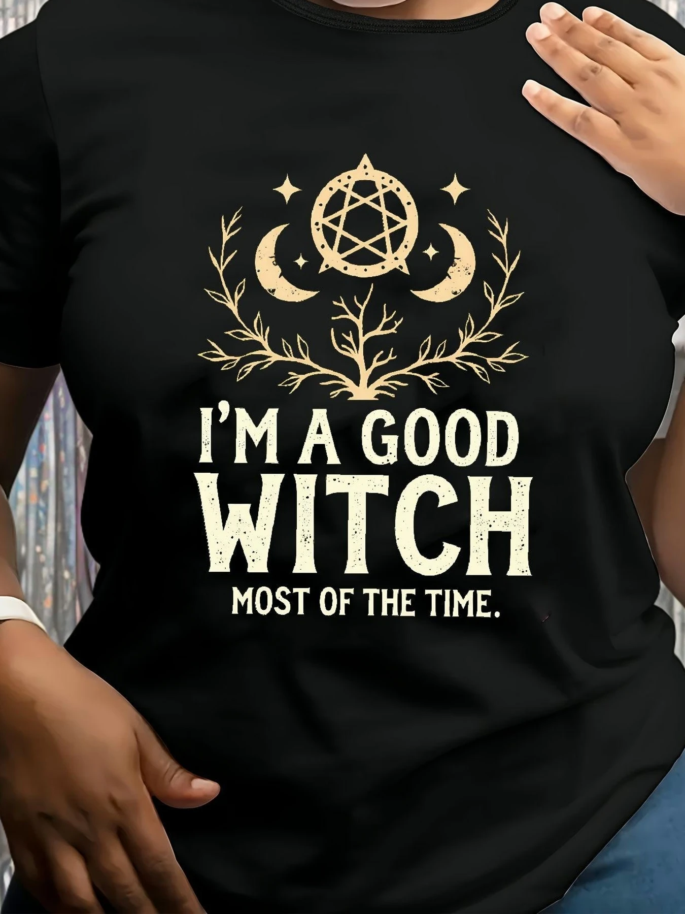 T-shirt à motif pour femme - Design "I'm a Good Wizard", avec lune et étoile à cinq branches, haut noir décontracté à manches courtes, printemps