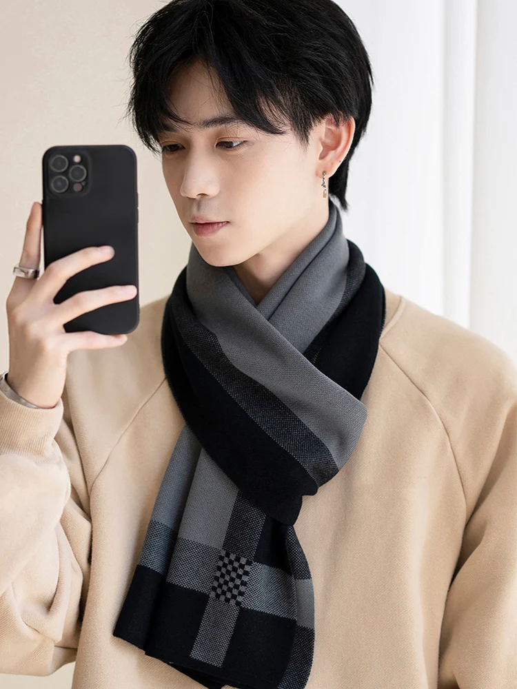 korean-sle-men's-scarf-pure-cotton-woolen-wrap-versatile-simple-design-winter-warm-birthday-gift-faionable-ne-warmer