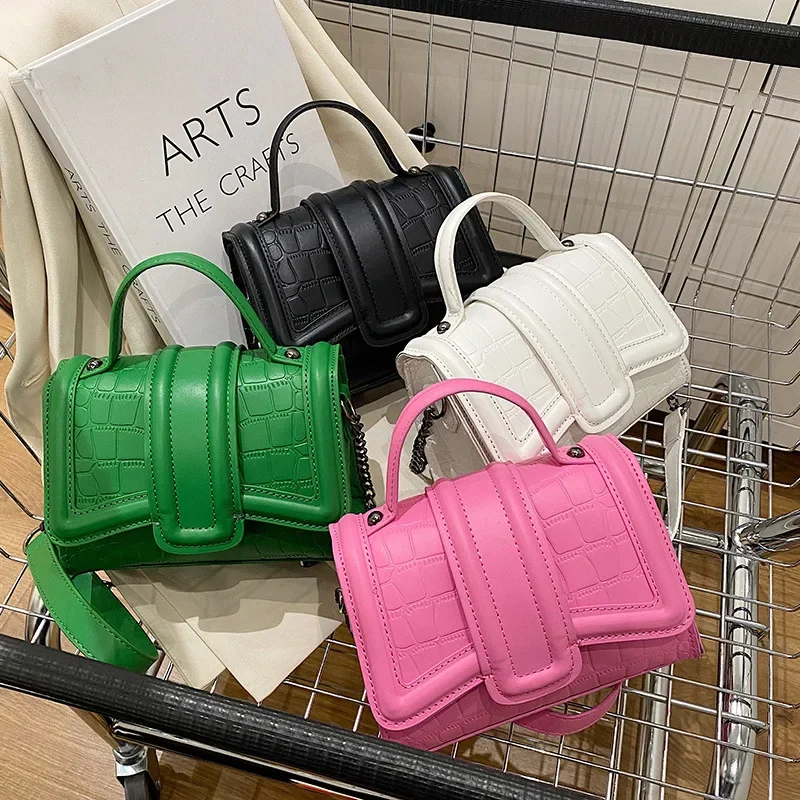 New Women Stone Pattern Pu Leather Chain Shoulder Bag Party Clutch Flap Messenger Bag Lady White Pink Green Small Handbag