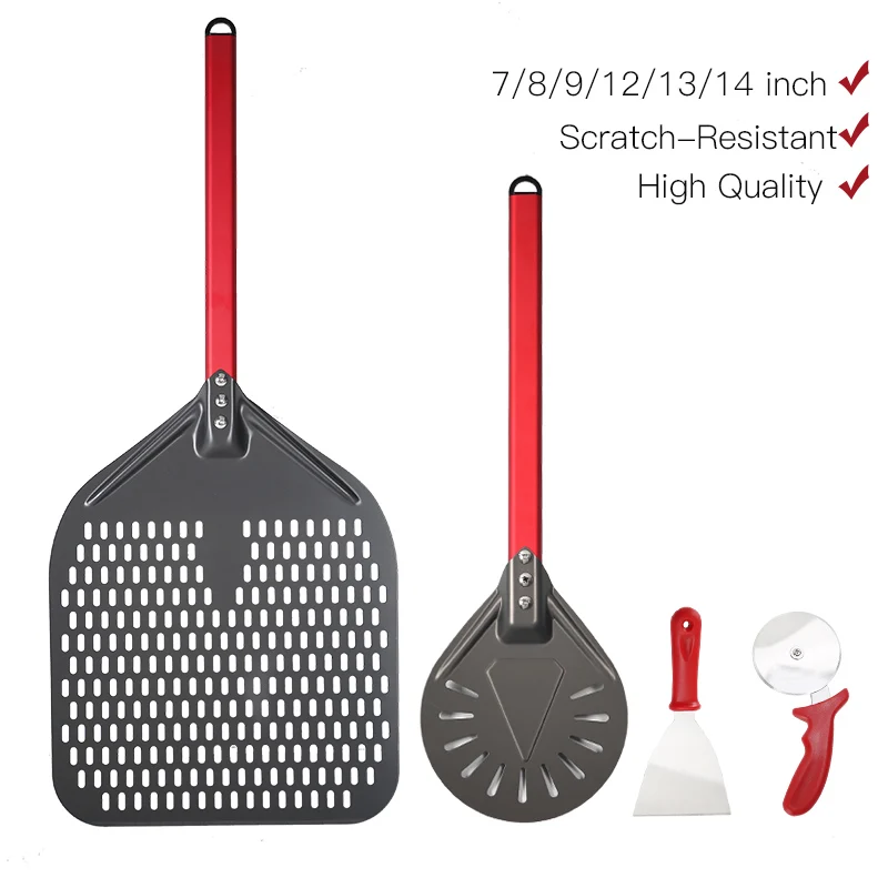 

SHANGPEIXUAN 7/8/9/12/13/14 Inch Pizza Peels with Turning Peel and Cutter Spatulas 4 Pcs Pizza Shovel Hard Anodized Aluminum Red