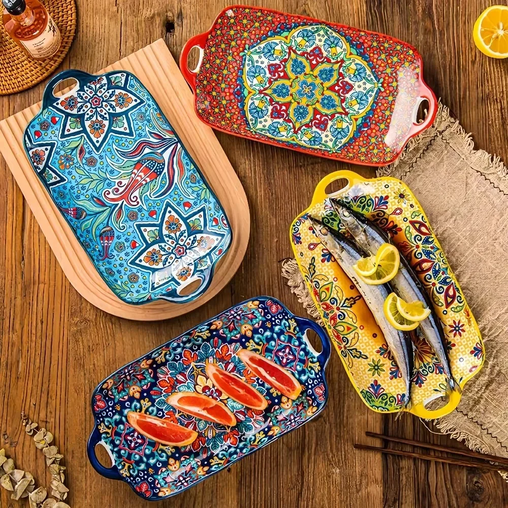 Bohemian Bi-eared Fish Plate Household Steamed Fish Plate High-value Large Rectangular Fish Dish Ceramic Dish Plate 4