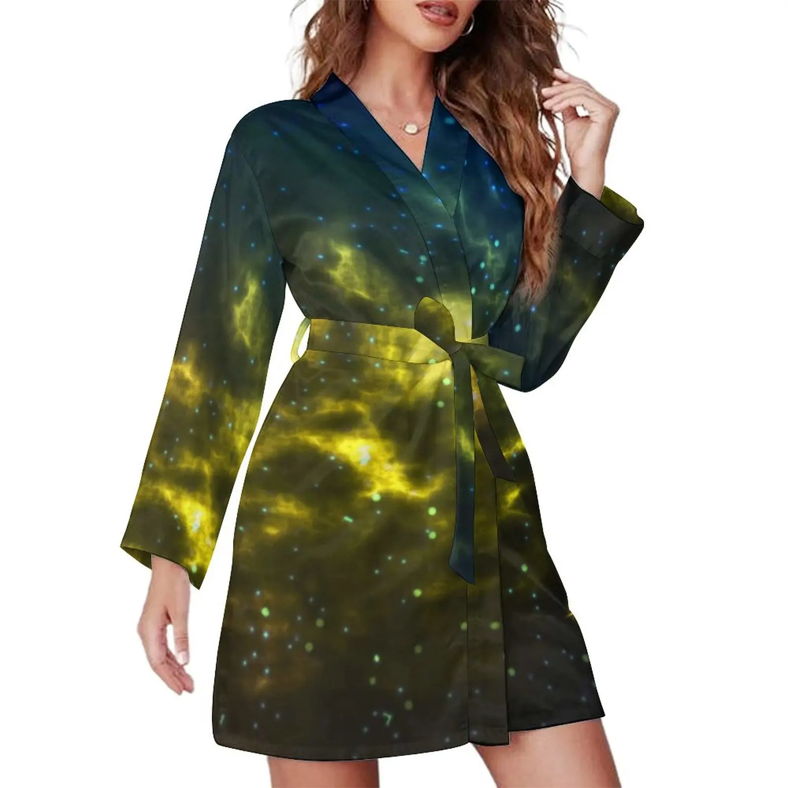 Bright Galaxy Pajama Robe Cosmic Starry Sky Long Sleeve Sexy Pajamas Robes Women V Neck Comfortable Nightgown Autumn Dress