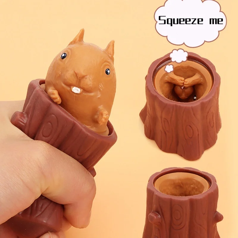 Squirrel Stress Relief Toy Stump Animal Squirrel Cup for Anxiety Relief, ADHD Squeeze Out The Surprises and Heal The Emotions