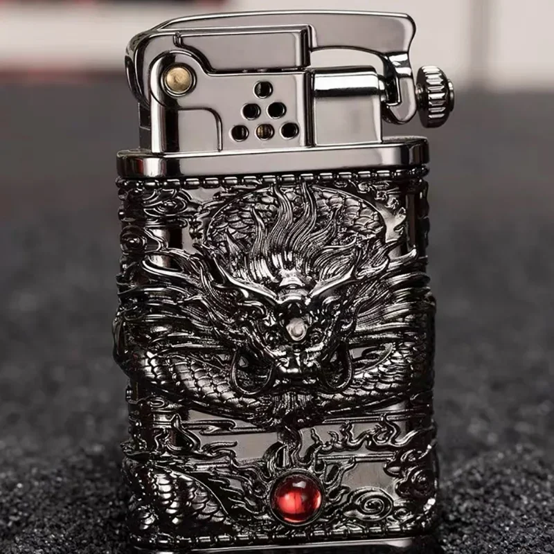 Zorro Creative Ejection Ignition Coiled Dragon Hand-Etched Windproof Lighter Retro Brass Kerosene Lighter Men\'s Smoking Gift