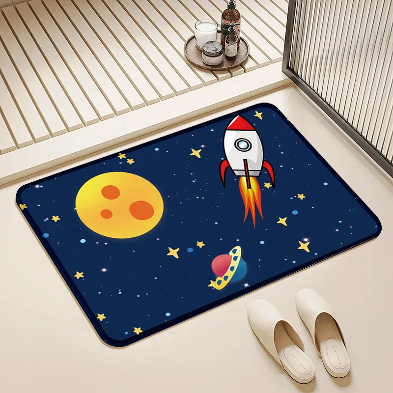 

Space Rocket Moon Flannel Doormat Non-Slip Absorbent Soft Floor Mat for Entryway Bathroom Kitchen Home Decor