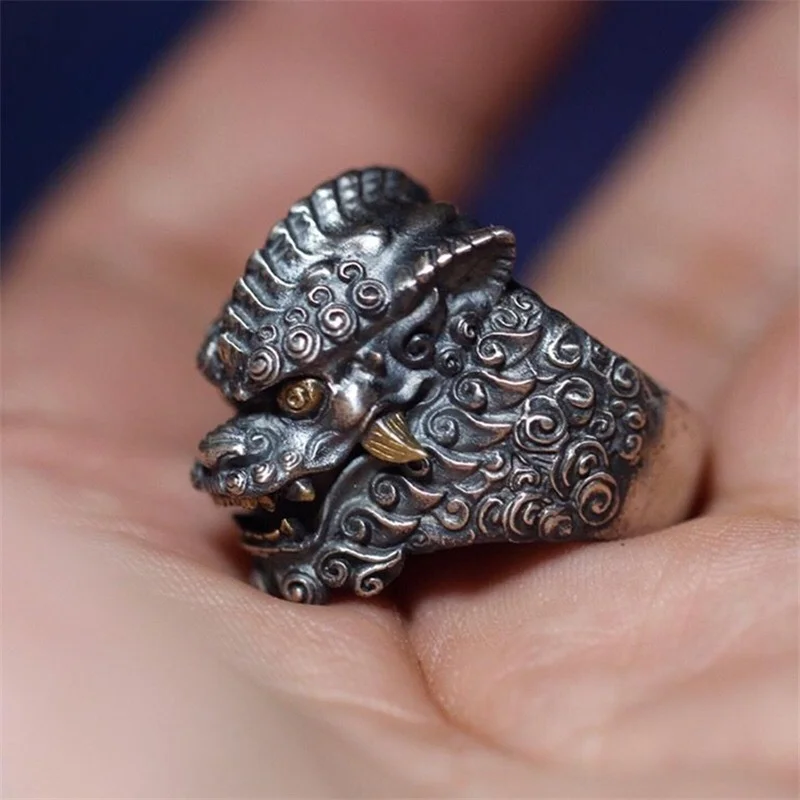 Auspicious Tang Lion Pattern Ring Men Jewelry Personality Carving China-Chic Style Vintage Lion Ring Male Finger Accessories