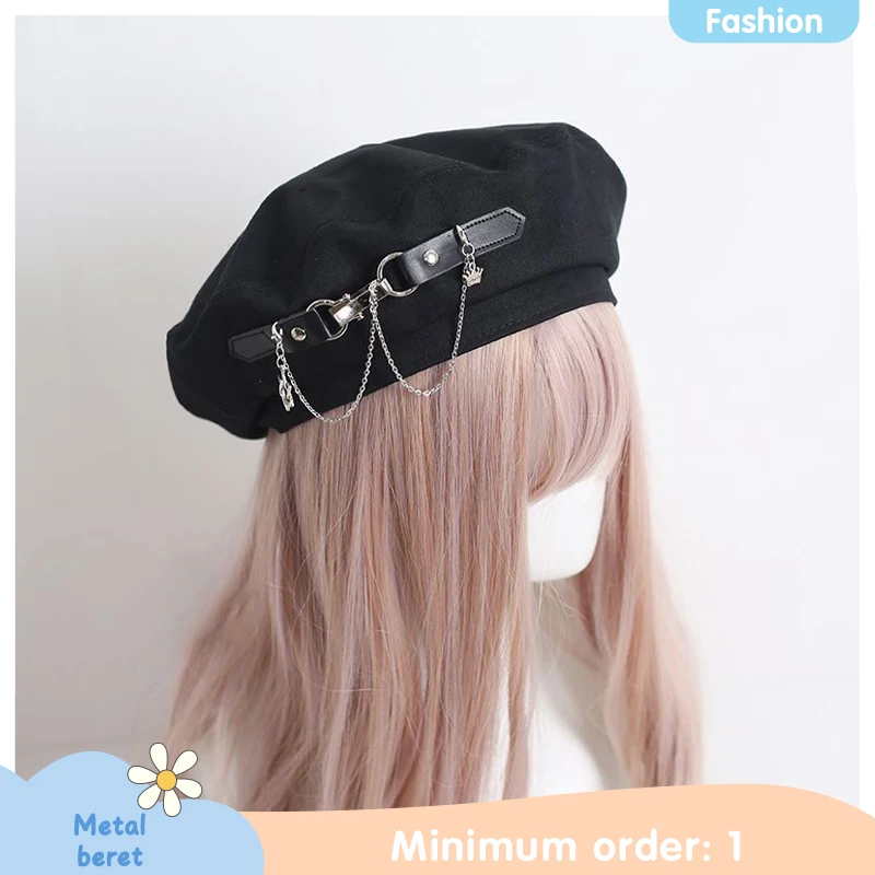 Herbst und Winter Retro Coole Metall Baskenmütze Damen Schwarz Mode Atmungsaktiv Elegantes Temperament Pendeln Reise Maler Hut