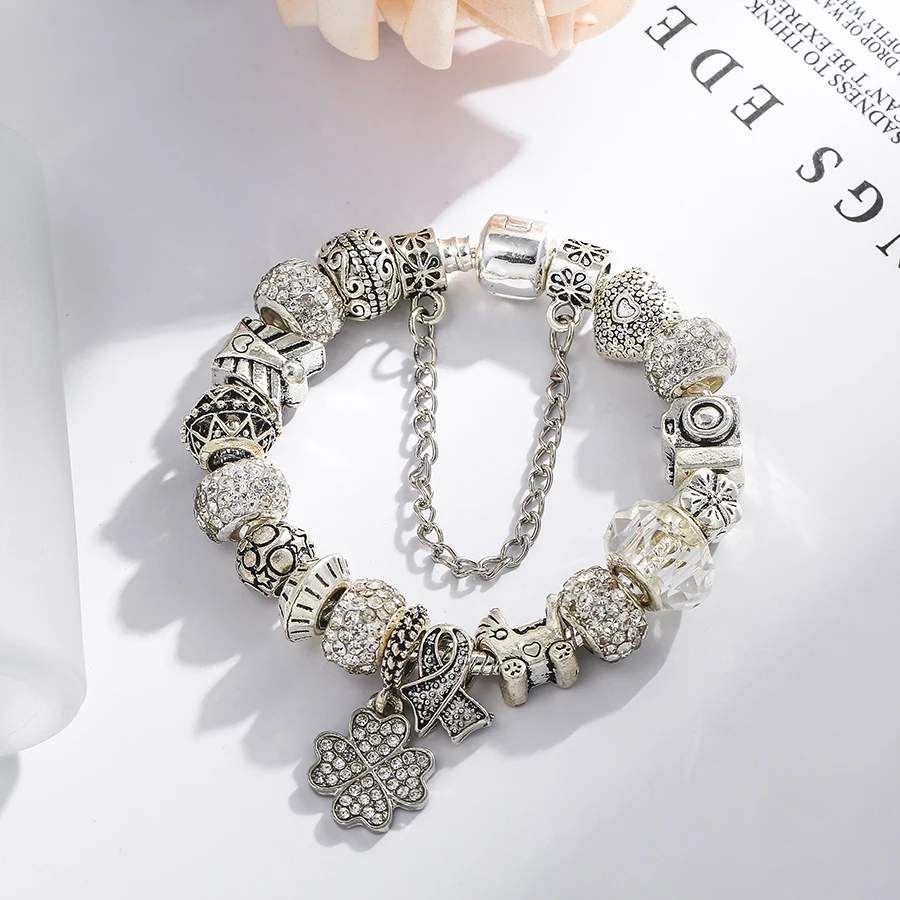 Dinglly Silver Color Beads Lucky Charm Bracelets For Women Original Streamer Crystal Beaded Bangle Fashion Jewelry Gifts